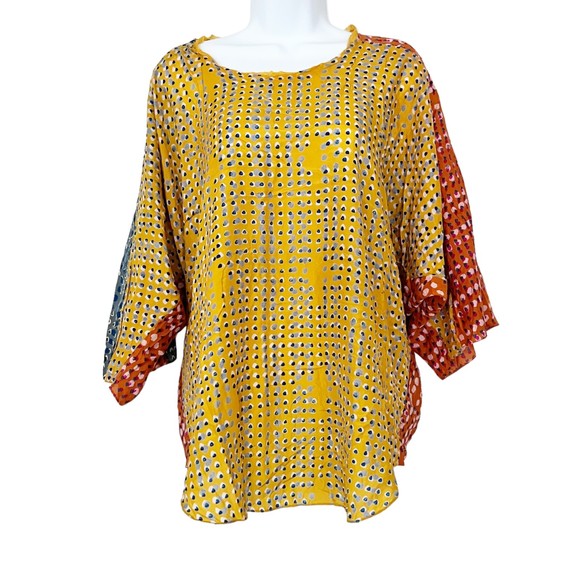 Anthropologie Silk Sanchita Placed Pixels Blouse Boxy Top Drop Raw Edge Sz L - Picture 1 of 12